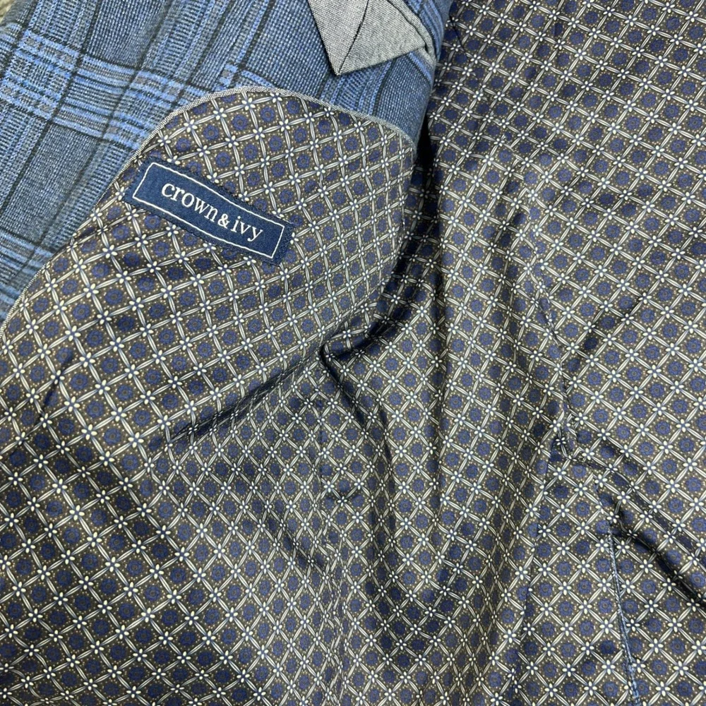 Crown & Ivy Mens Blue Plaid Cotton Blend Sport Coat Blazer 40R Two Button